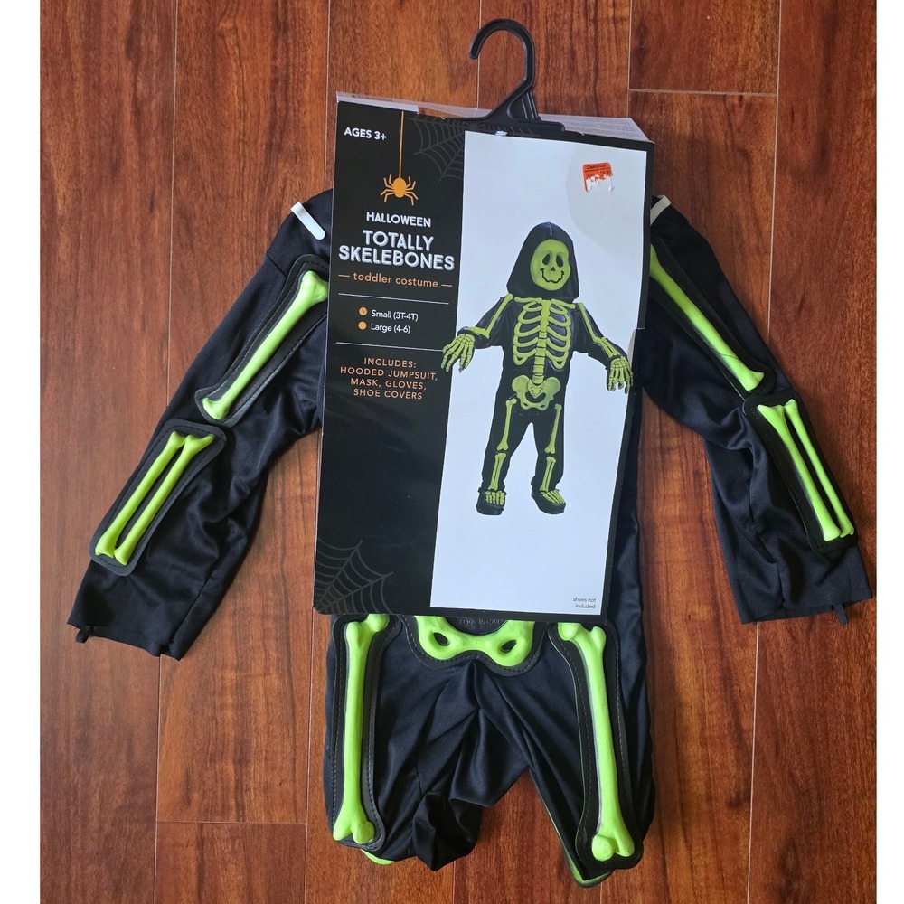 Halloween Totally Skelebones Toddler Costume Small 3T-4T Black Neon Green 4pc